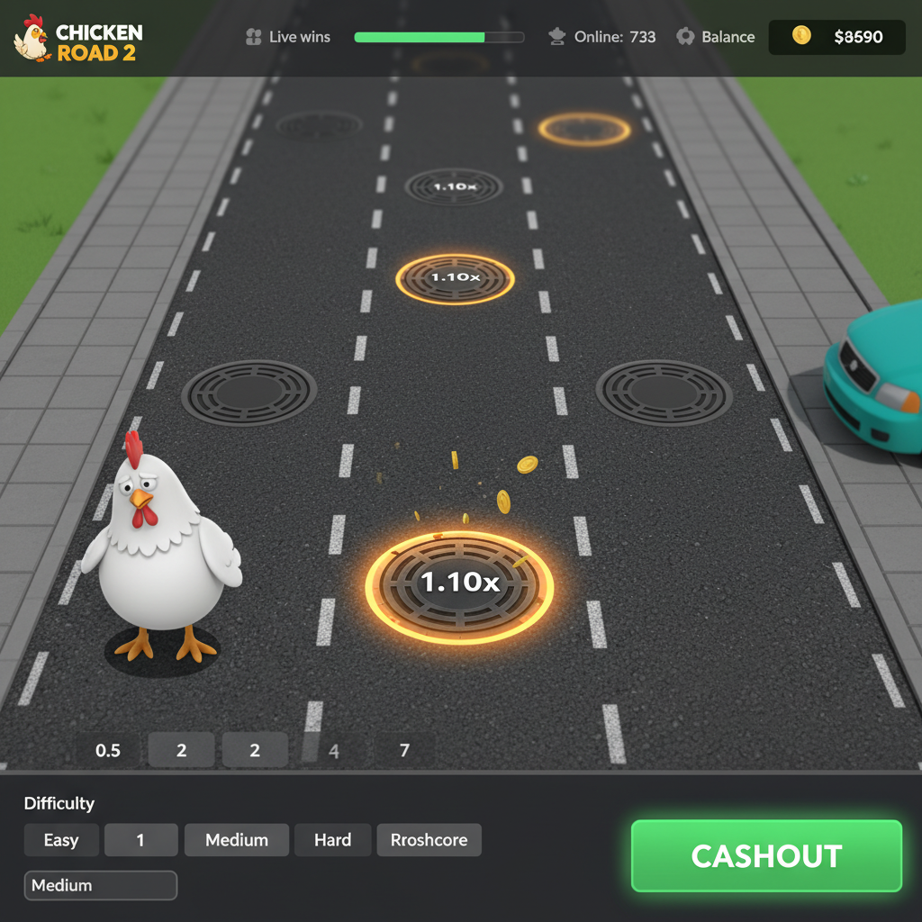 Momento del cashout in Chicken Road 2: moltiplicatore 1.10x evidenziato sul tombino con pulsante Incassa attivo