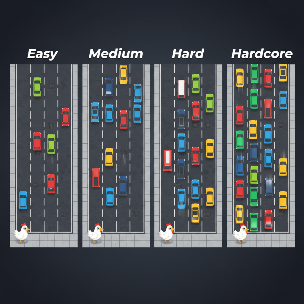 Confronto visivo dei quattro livelli di difficoltà di Chicken Road 2: Easy con traffico sparso fino a Hardcore con traffico estremo