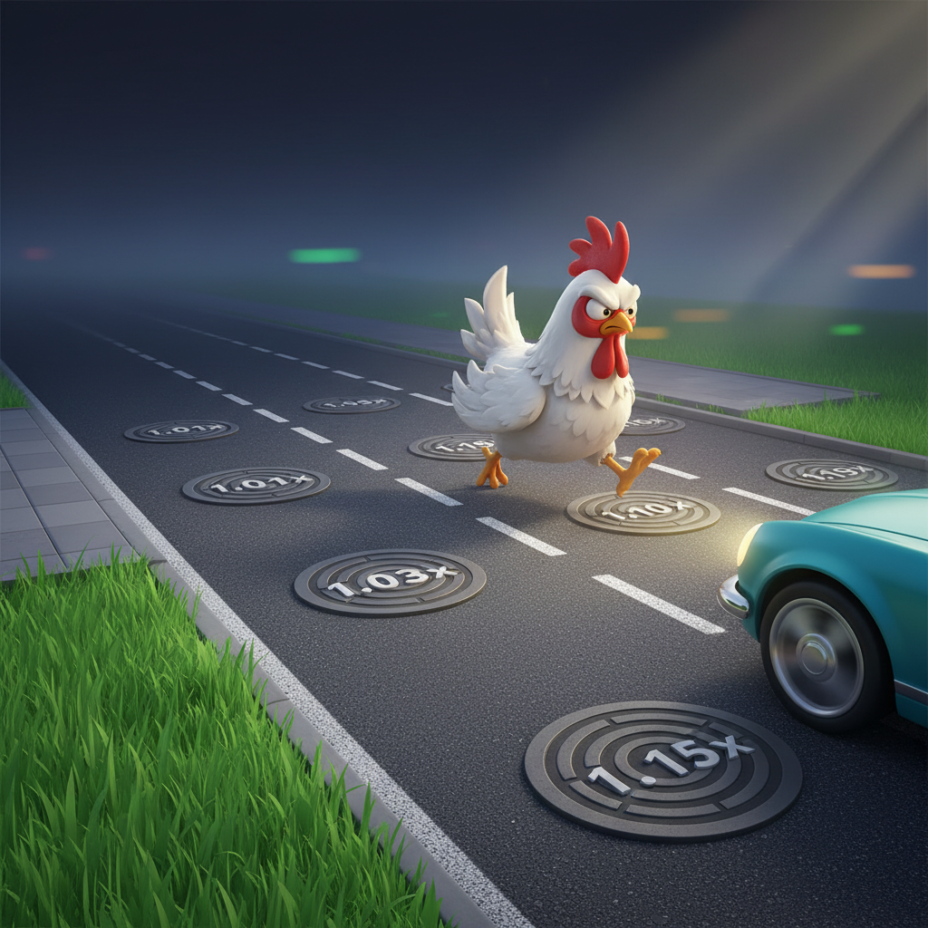 Schermata di gioco Chicken Road 2: pollo che attraversa sei corsie stradali con moltiplicatori visibili sui tombini metallici