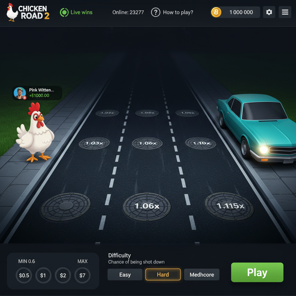 Interfaccia completa di Chicken Road 2: pannello puntate in basso, sei corsie stradali al centro, tombini con moltiplicatori, saldo in alto