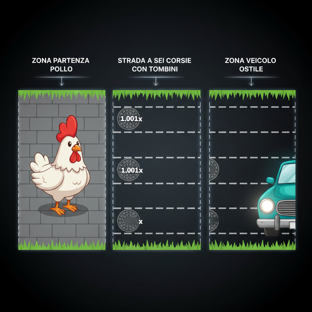 Diagramma delle tre zone di gioco di Chicken Road 2: zona partenza con pollo, strada a sei corsie con tombini, zona veicolo ostile