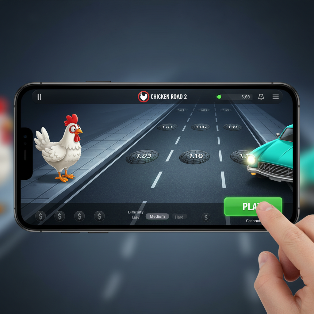Chicken Road 2 su smartphone in modalità orizzontale con gameplay attivo e pulsante cashout visibile