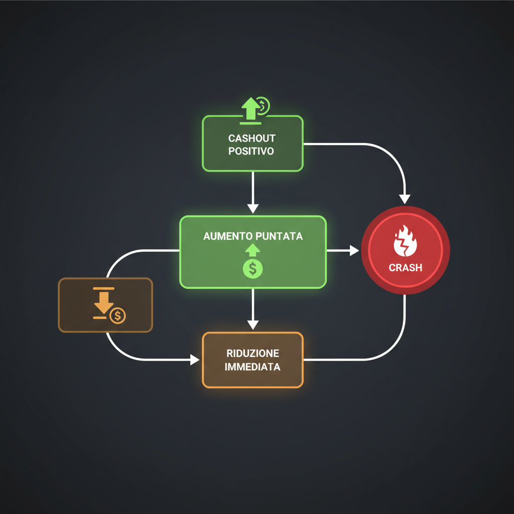 Diagramma di flusso strategia di escalation controllata: cashout positivo porta ad aumento puntata, crash porta a riduzione immediata